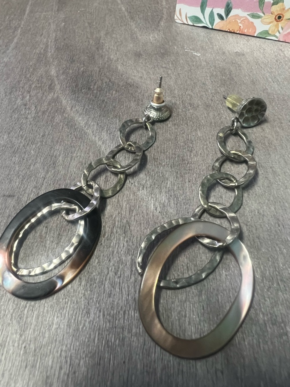 Hammered Link Drop Earrings -Silver see stamp in pic tortoise & pearl features